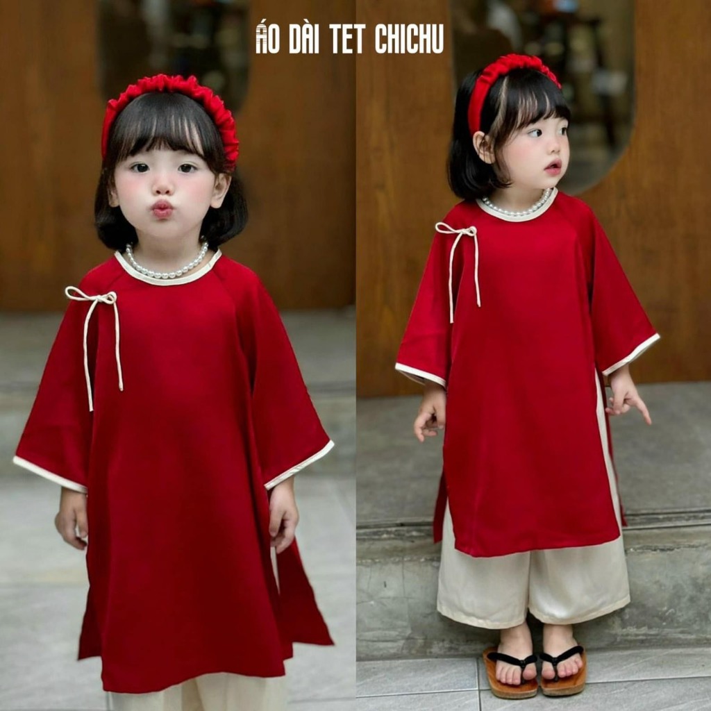 Set áo dài đỏ lụa mềm mại siêu mát bé gái kèm cài tóc và vòng hạt size 100-150
