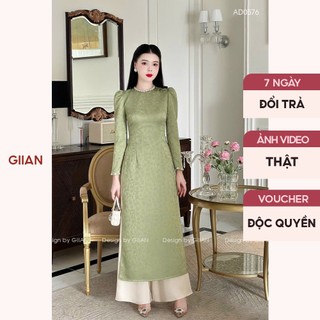 Áo dài truyền thống gấm Giian in hoạ tiết hoa nổi thiết kế cổ tròn đính ngọc cao cấp - AD0576X