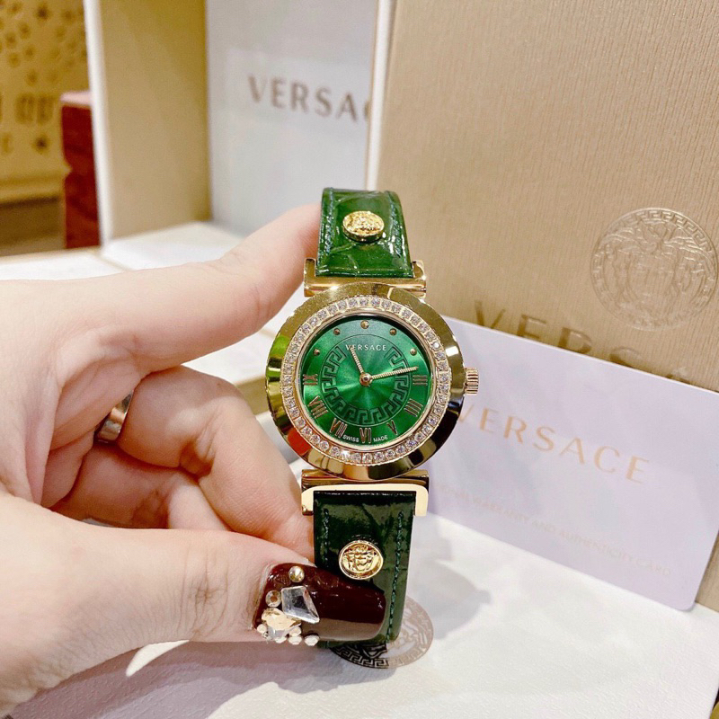 Đồng hồ nữ Versacs máy thuỵ sỹ dây da mặt tròn đính đá siz 35mm