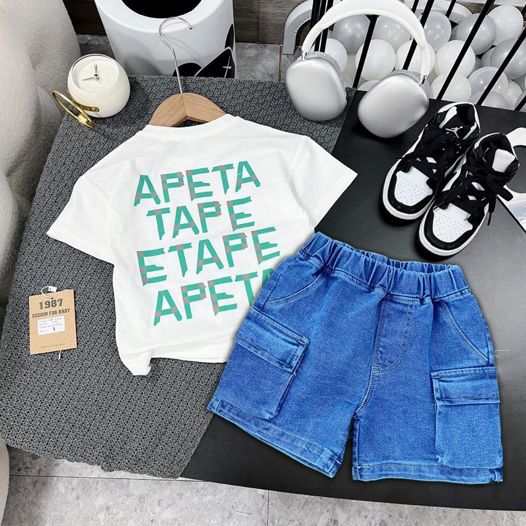 Set bộ bé trai cực đẹp, áo vải tốt, quần jean mát, thoải mái - Bộ chữ T - SU004