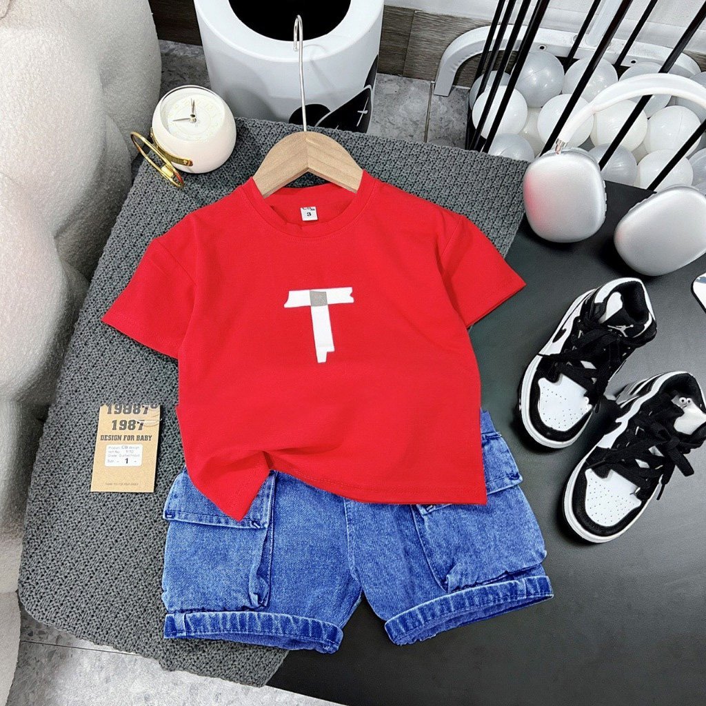 Set bộ bé trai cực đẹp, áo vải tốt, quần jean mát, thoải mái - Bộ chữ T - SU004