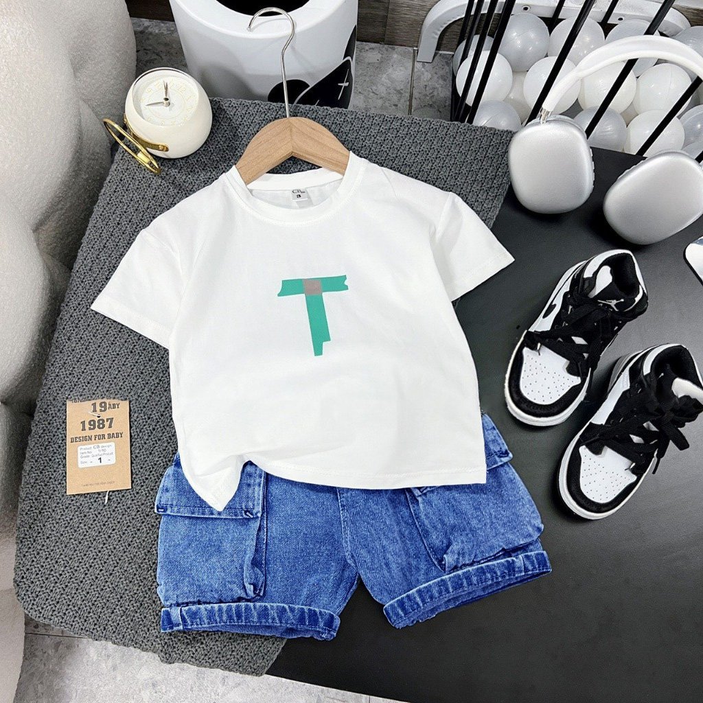 Set bộ bé trai cực đẹp, áo vải tốt, quần jean mát, thoải mái - Bộ chữ T - SU004