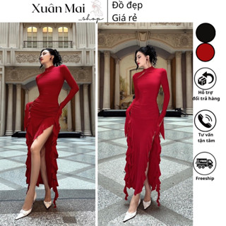 Đầm cổ Tàu nữ mặc Tết dự tiệc tay dài xẻ loe xẻ đùi viền bèo khoe chân hai màu đỏ đen