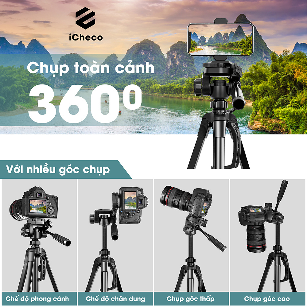 Chân quay máy ảnh tripod điện thoại thiết kế chắc chắn có túi đeo tặng kèm kẹp điện thoại chính hãng iCheco CT88