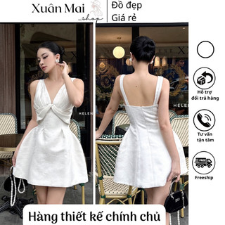 Đầm thiết kế nữ sang chảnh tiểu thư 2 dây hở ngực xếp ly đi tiệc đi chơi Sandy tafta xước chính chủ Helen Clothing