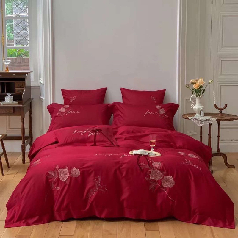 Set Chăn Ga Gối Lụa 100s Thêu “ Hoa Hồng “ (set 4 món)