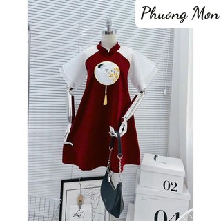 Đầm suông đỏ babydoll đính logo Tết Phuong Mon