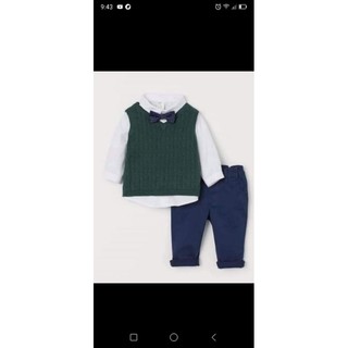 Set công tử 9-12m 4 chi tiết áo sơ mi trắng + áo gi lê xanh + nơ và quần thô