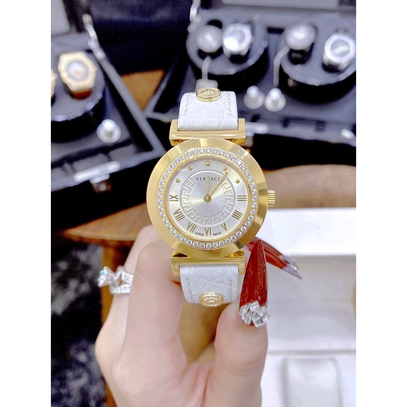 Đồng hồ nữ Versacs máy thuỵ sỹ dây da mặt tròn đính đá siz 35mm