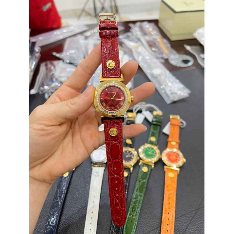 Đồng hồ nữ Versacs máy thuỵ sỹ dây da mặt tròn đính đá siz 35mm