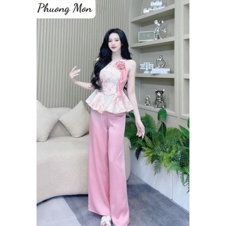 Set áo cổ yếm đính hoa cổ kèm quần suông Phuong Mon