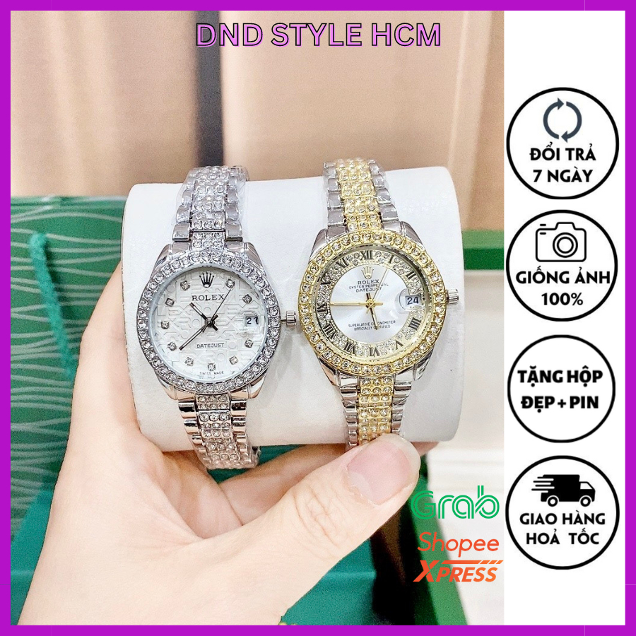 Đồng hồ Rolex nữ đính đá Sz30mm, đồng hồ nữ rolex dây kim loại đính đá full viền sáng tay thời trang - DndStyle