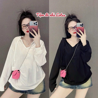  ÁO THUN GIẤY CÓ NÓN CỔ V THU ĐÔNG PHOM RỘNG CÓ MŨ (Tiệm đồ nhà Lotus)