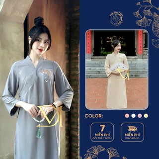  Đồ lam đi chùa nữ bộ pháp phục bộ áo tràng vạt chéo cổ tim thêu chữ tâm mặc đi lễ chùa nhã nhặn thanh tịnh - B54 