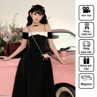 Tiara Dress - Đầm Bigsize Màu đen Trễ Vai Dáng MiDi Với Hai Dây Tăng Chỉnh Và Nơ Trước Ngực Women Nữ