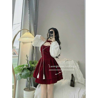 Set đầm nhung đỏ cổ yếm chocker kèm khoác