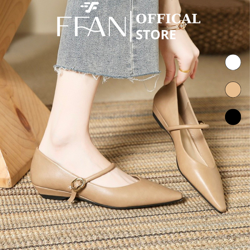 Giày búp bê nữ đế vuông mũi nhọn Mary Jane bít mũi bệt 83, da mềm mại màu đen be trắng FFAN STORE
