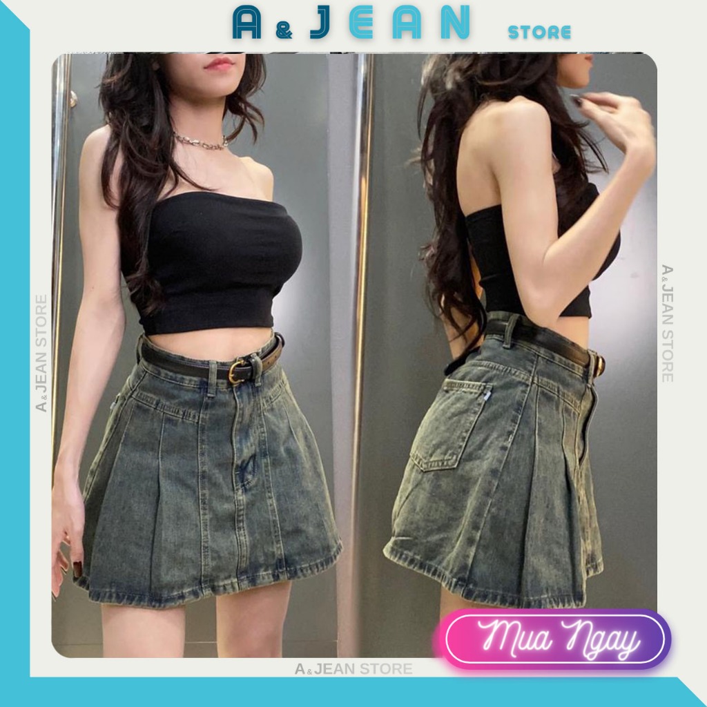 Chân váy jean ngắn xòe xếp ly có quần trong không co giãn | A&JEAN STORE