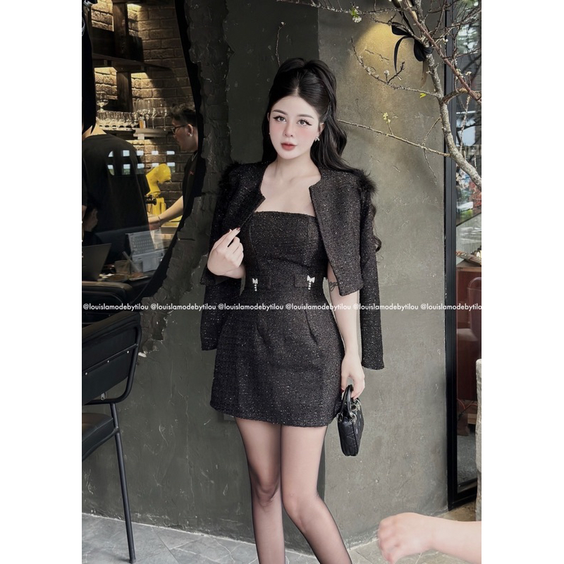 ( Ảnh Thật Có Sẵn ) Set Áo Khoác Dạ Tweed Nhũ Đính Lông + Váy Quây Cúp Ngực Tặng Tag Nơ Cài Bling Bl