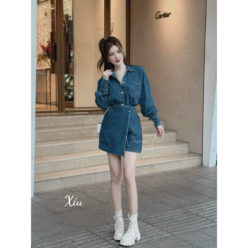 Jum jean cổ bèo trễ vai siêu hót