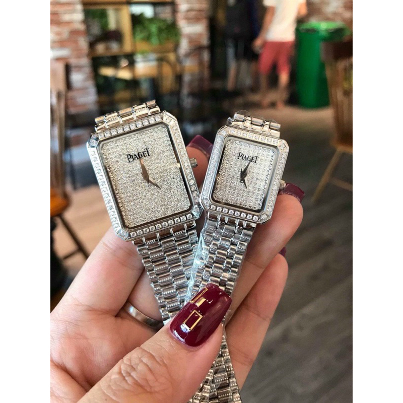 Đồng Hồ Nữ Piagettt Mặt Vuông Đính Full Đá Dây Kim Loại Siz 28,38mm