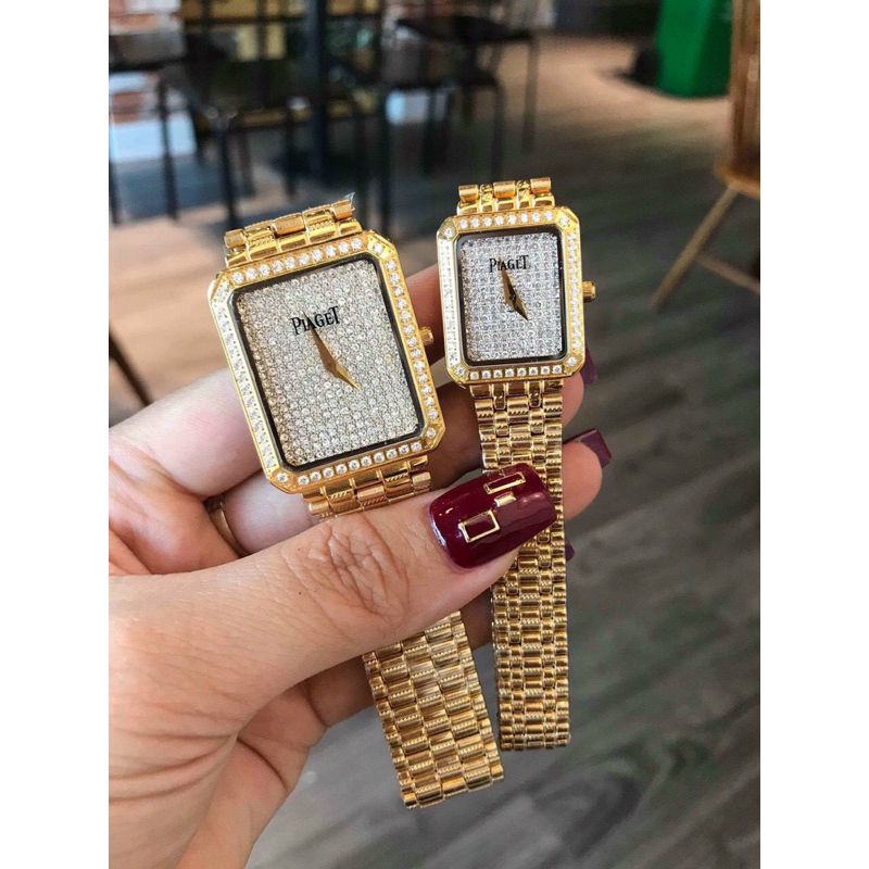 Đồng Hồ Nữ Piagettt Mặt Vuông Đính Full Đá Dây Kim Loại Siz 28,38mm