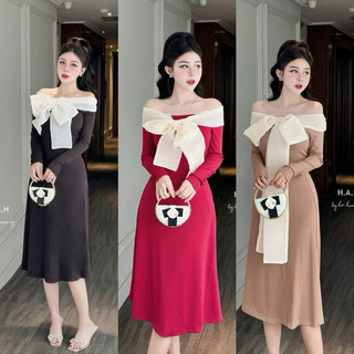 Váy trễ vai xinh dáng suông thiết kế nơ trước ngực cực sang và che khuyết điểm