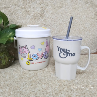 Combo bình đá 1 lít Tân Lập Thành và ly ống hút tiện lợi, màu paster siêu đẹp, dễ thương.