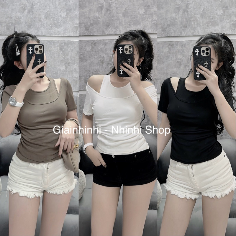 Áo thun dáng ôm body hở vai sexxy, Áo kiểu ngắn tay co giãn AT6522 - NhiNhi Shop