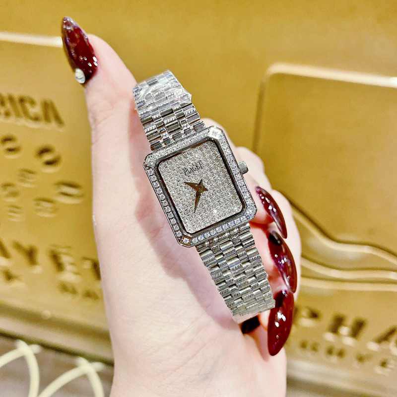 Đồng Hồ Nữ Piagettt Mặt Vuông Đính Full Đá Dây Kim Loại Siz 28,38mm