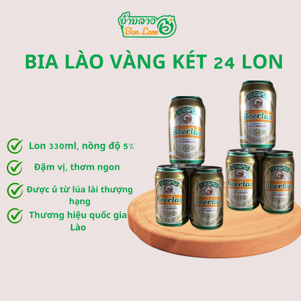 Bia Lào Vàng lon 330ml, chuẩn vị thơm ngon chính hãng