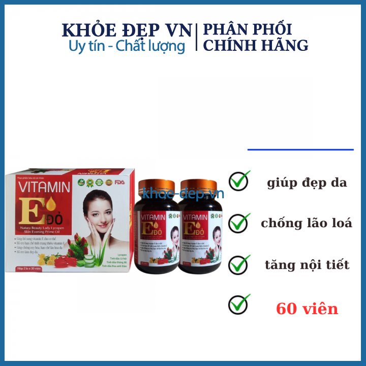 Viên uống vitamin E đỏ giúp đẹp da, chống lão hoá hộp 60 viên