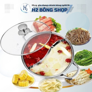 Nồi lẩu inox nắp kính 2 ngăn 30cm - Nồi lẩu inix dùng được trên bếp từ, Bộ nồi lẩu 2 ngăn
