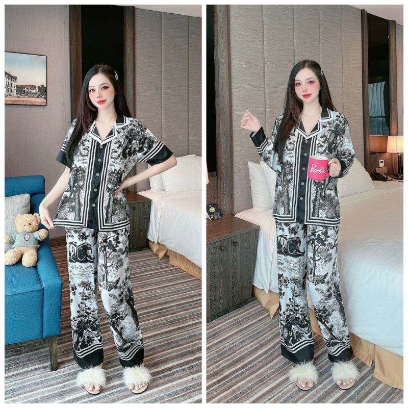 (40-58kg) Pijama lụa xước rừng đen
