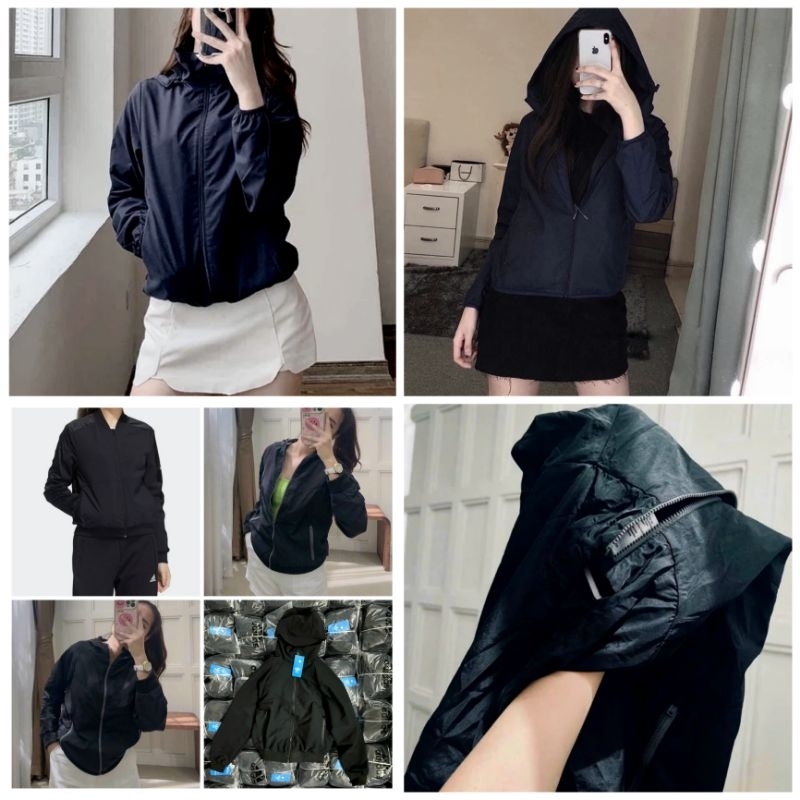 Áo khoác unisex ADIDAS xuất Âu xịn bomber có nón vải dù 2 lớp trong lót lưới tay dài bo gấu đen có túi