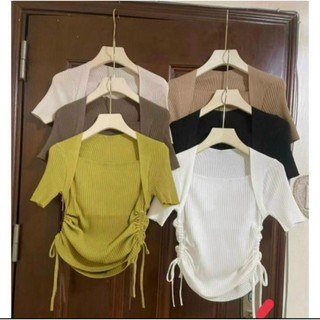 ÁO THUN NỮ TAY NGẮN RÚT DÂY HAI BÊN CỔ VUÔNG THUN GÂN MC