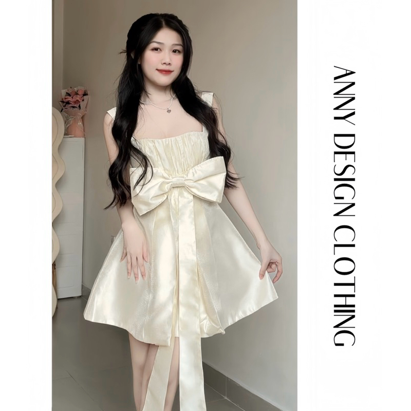 Đầm Kem Thiết Kế Đính Nơ Bản To Chiết Eo ( Gladys Dress )