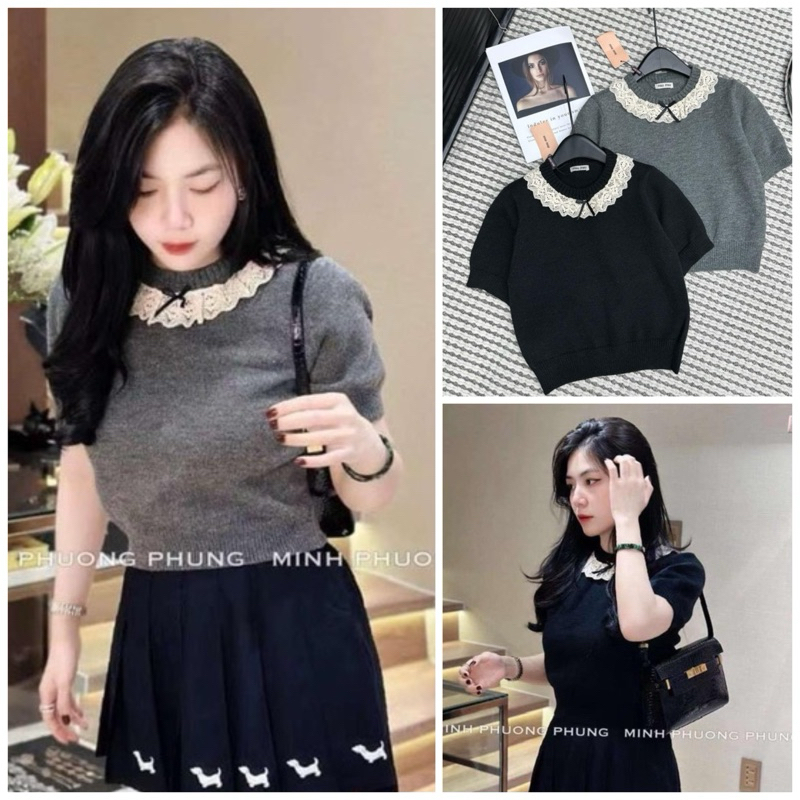 Áo thun nữ cộc tay bánh bèo viền cổ nơ dáng vừa crotop hàng Qc