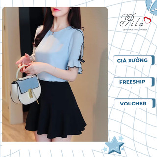 Áo kiểu nữ tay ngắn gắn nơ duyên dáng-pila house