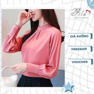 Áo Kiểu nữ Dài Tay Cổ Đứng Xếp Ly Thời Trang Nữ Hàn Quốc Pila House