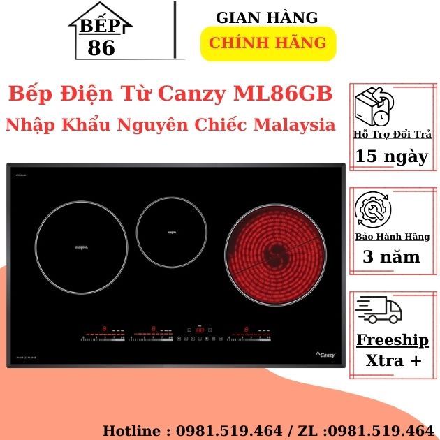 Bếp từ 3 Canzy CZ ML86GB | Bếp từ 3 vùng nấu [2 từ 1 hồng ngoại] Nhập khẩu Malaysia | Bảo hành chính hãng canzy 3 năm