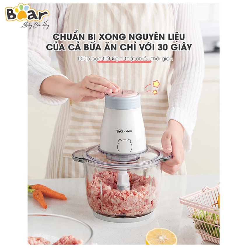 Máy xay thịt đa năng BEAR 2L chính hãng, cối thủy tinh, dao 4 lưỡi thép không gỉ