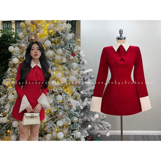 Đầm suông sơmi cổ phối màu cavat