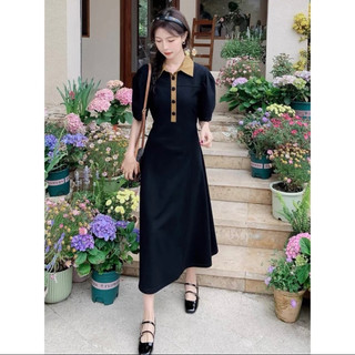 Đầm váy sơ mi trắng đen basic nút bọc công sở