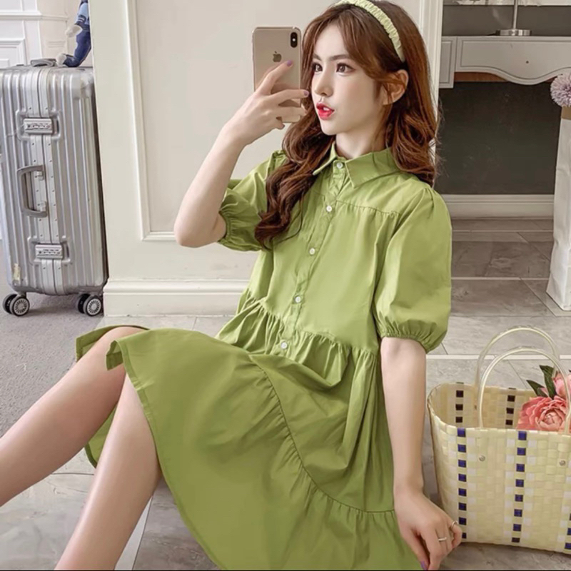 Đầm babydoll xanh biển kèm nơ cổ cute