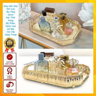 Khay Bát Giác Có Tay Cầm Đựng Nước Hoa, Mỹ Phẩm Để Bàn - Màu Vàng Ánh Kim - Khay Kính Để Nước Hoa Sang Trọng Cao Cấp L1