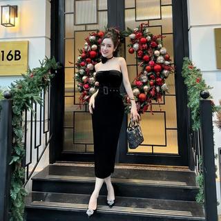 Đầm cúp ngực dáng dài dự tiệc, váy nhung body thiết kế tôn dáng sang trọng, kèm đai eo và nơ hoa - Hori Store