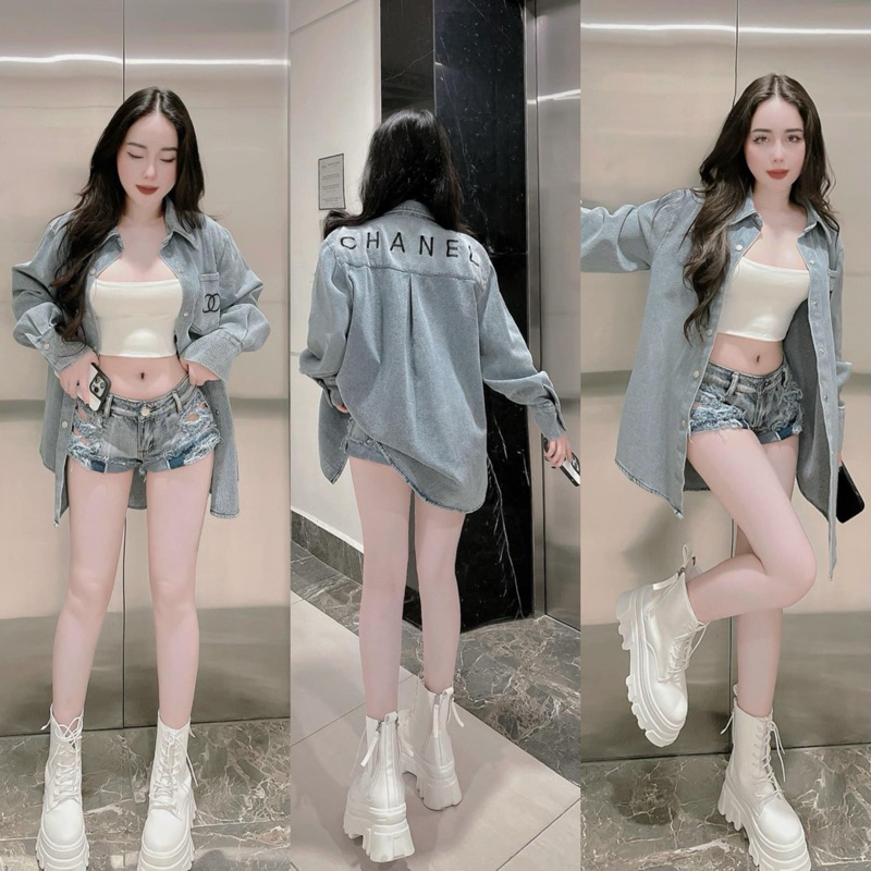 Áo Sơ Mi Jeans Dài Tay Thêu Túi - Thêu Lưng