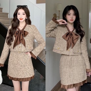 Sét váy dạ áo dạ tiêu nâu 2 lớp, có đệm vai nơ cổ+chân váy dạ có quần váy