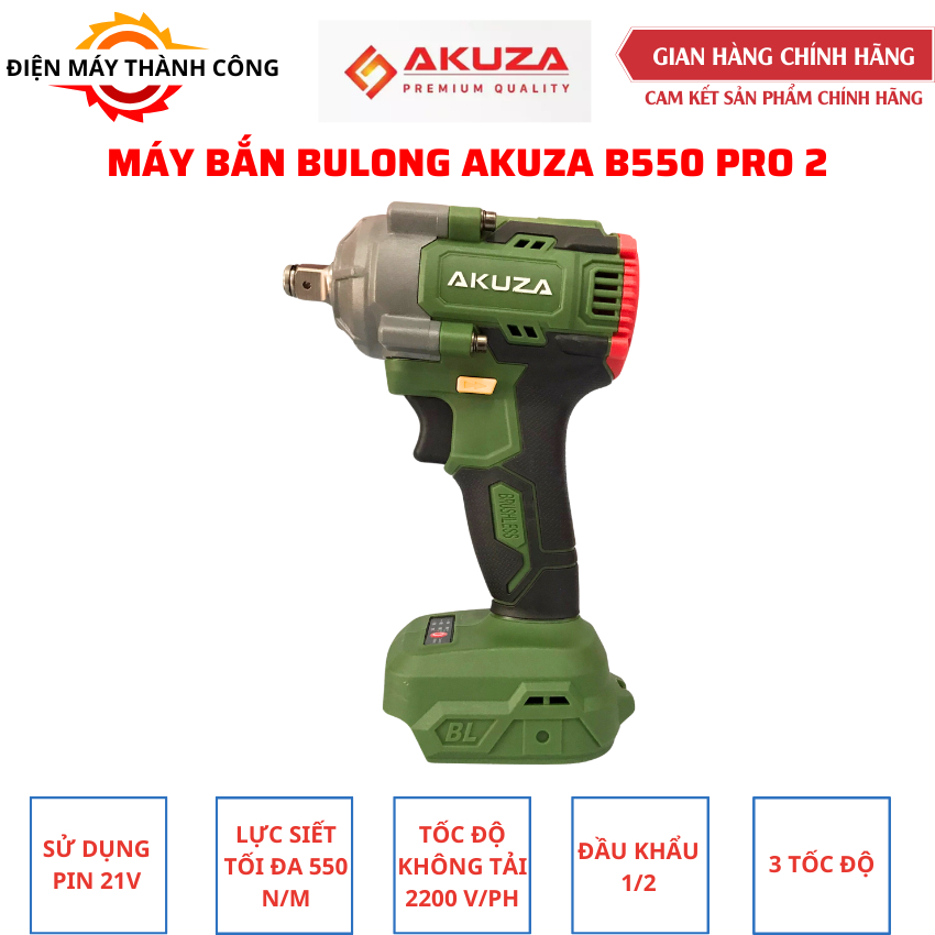 Thân máy bắn bulong Akuza B550 PRO 2 - Sử dụng pin 21V động cơ không chổi than , lực siết 550Nm bắn 